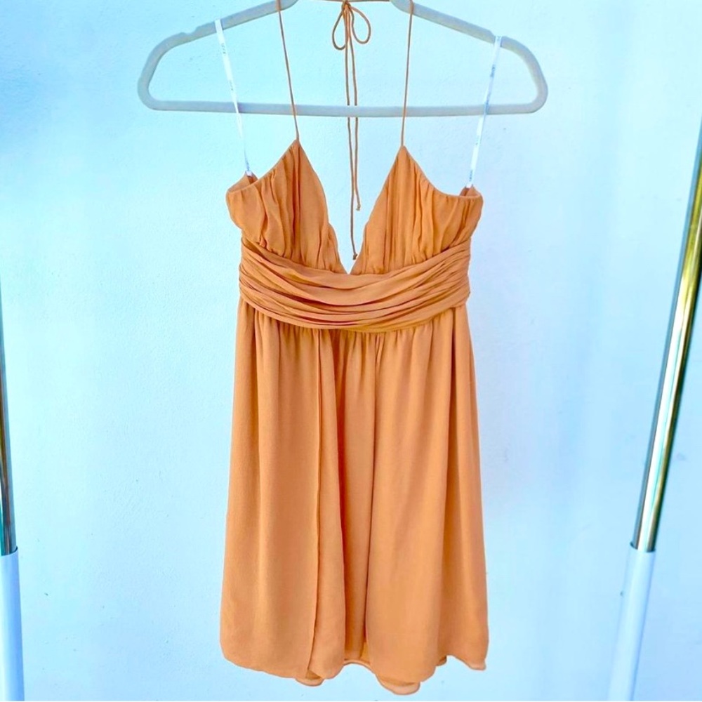 Y2K 100% Silk Tangerine Orange Ultra Mini Babydoll Halter Dress Size 6
